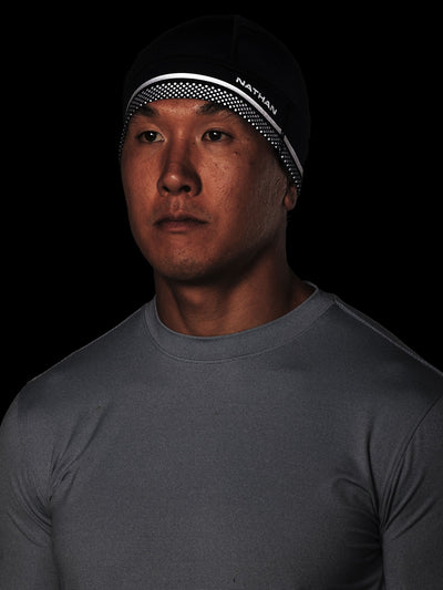 Nathan HyperNight Reflective Safety Beanie - Black - On Model - Front View (Reflective Detail)
