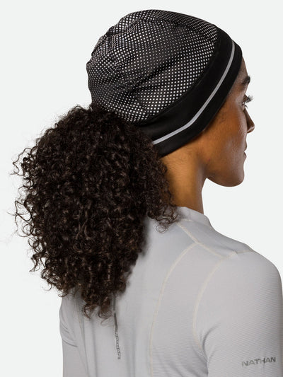 Nathan HyperNight Reflective Ponytail Safety Beanie - Black - On Model - Back View