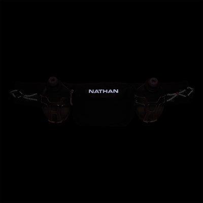 color:Black/Reflective Silver||seo:Nathan TrailMix Plus Hydration Belt 3.0 - Black/Reflective Silver - Detail View of Reflective Highlights in the Dark