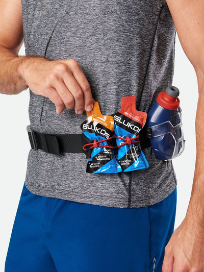 color:Black/Ribbon Red||seo:Nathan TrailMix Plus Hydration Belt 3.0 - Black/Ribbon Red - On Model - Detail View of Elastic Keepers Holding Glukos Energy Gels and Hydration Flask