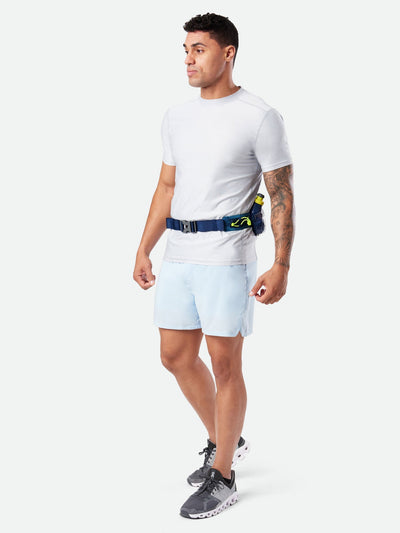 color:Deep Blue/Safety Yellow||seo:Nathan TrailMix Plus Hydration Belt 3.0 - Deep Blue/Safety Yellow - On Model - Three Quarter View