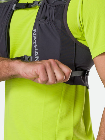 color:Charcoal/Reflective Silver||seo:Nathan Pinnacle FeatherLite 1.5 Liter Unisex Hydration Vest - Charcoal/Reflective Silver - Male Runner Tightening Sternum Straps