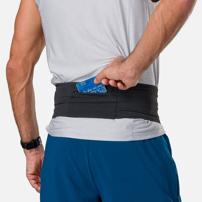 color:Black||seo: Nathan Zipster Max Training Waist Belt - Black - Model Pulling Credit Card out of Zippered Pocket