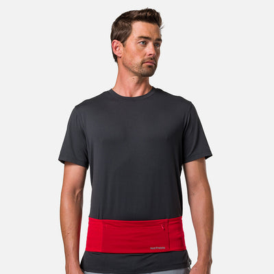 color:Ribbon Red/Reflective Silver||view:SKU Image Back||seo: Nathan Zipster Max Training Waist Belt - Ribbon Red/Reflective Silver - On Model - Front of Belt