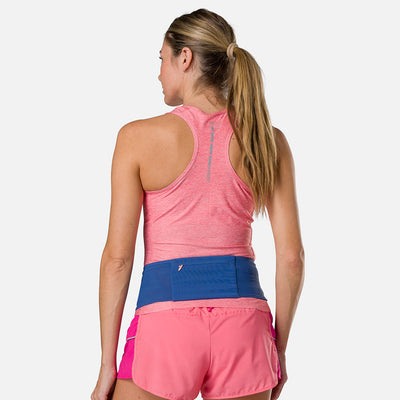 color:True Navy/Rose Gold||seo: Nathan Zipster Max Training Waist Belt - True Navy/Rose Gold - On Model - Back of Belt