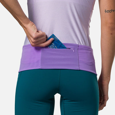 color:Paisley Purple/Imperial Purple||seo: Nathan Zipster Max Training Waist Belt - Paisley Purple/Imperial Purple - Model Pulling Credit Card out of Zippered Pocket