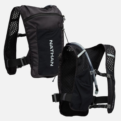 color:Black/Reflective Silver||seo:Nathan QuickStart 3.0 4 Liter Hydration Pack - Black/Reflective Silver - Front & Back of Pack