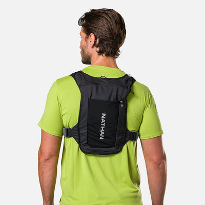 color:Black/Reflective Silver||seo:Nathan QuickStart 3.0 4 Liter Hydration Pack - Black/Reflective Silver - On Model - Back View