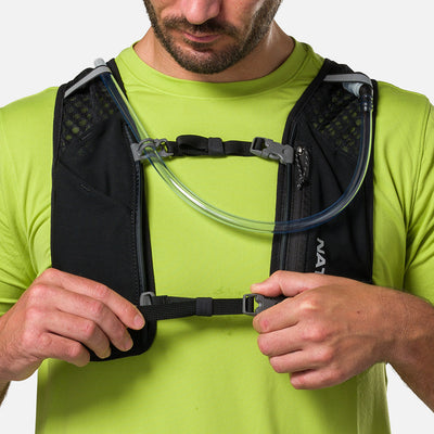 color:Black/Reflective Silver||seo:Nathan QuickStart 3.0 4 Liter Hydration Pack - Black/Reflective Silver - On Model - Model Tightening Sternum Straps For Better Fit