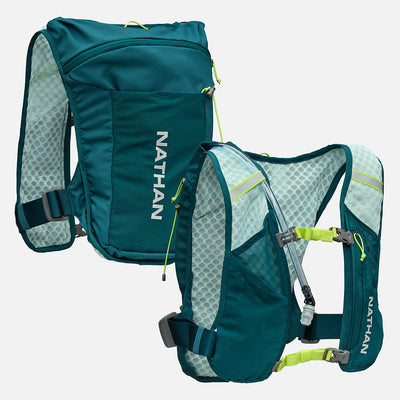 color:Deep Teal/Reflective Silver||seo:Nathan QuickStart 3.0 4 Liter Hydration Pack - Deep Teal/Reflective Silver - Front & Back of Pack