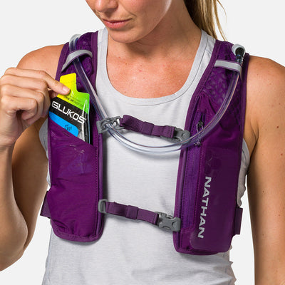 color:Imperial Purple/Reflective Silver||seo:Nathan QuickStart 3.0 4 Liter Hydration Pack - Imperial Purple/Reflective Silver - Model Pulling Glukos Liquid Energy Liquid Gel (Lemon Lime Flavor ) from Pouch