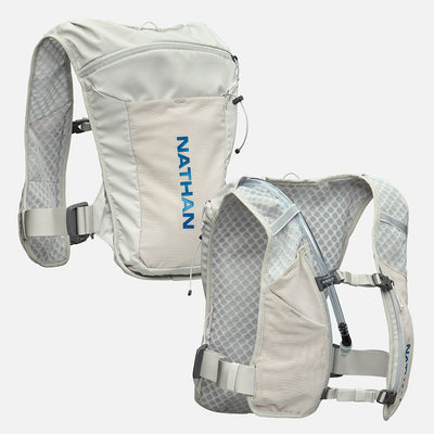 color:Vapor Grey/Deep Blue||seo:Nathan QuickStart 3.0 4 Liter Hydration Pack - Vapor Grey/Deep Blue - Front & Back of Pack
