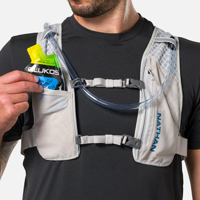 color:Vapor Grey/Deep Blue||seo:Nathan QuickStart 3.0 4 Liter Hydration Pack - Vapor Grey/Deep Blue - Model Pulling Glukos Liquid Energy Liquid Gel (Lemon Lime Flavor ) from Pouch