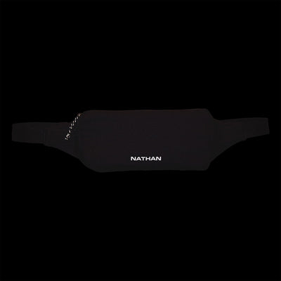 color:Black/Reflective Silver||seo:Nathan Marathon Waist Pack 3.0 - Black/Reflective Silver - Detail View of Reflective Highlights on Front of Pack