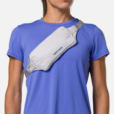 color:Vapor Grey/Sailor Blue||seo:Nathan Marathon Waist Pack 3.0 - Vapor Grey/Sailor Blue - On Model - Cross Body Over Shoulder