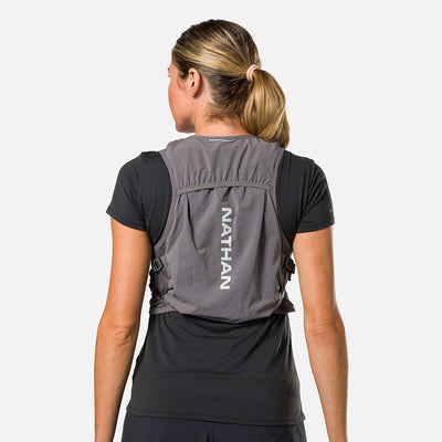 color:Charcoal/Surf Spray||seo:Nathan Pinnacle Breeze 4 Liter Women's Hydration Race Vest - Charcoal/Surf Spray - Female Runner Back View