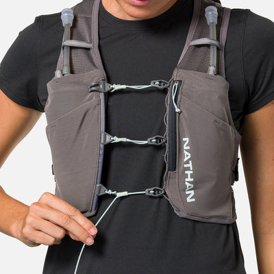 color:Charcoal/Surf Spray||seo:Nathan Pinnacle Breeze 4 Liter Women's Hydration Race Vest - Charcoal/Surf Spray - Model Adjusting Sternum Slider Cord System