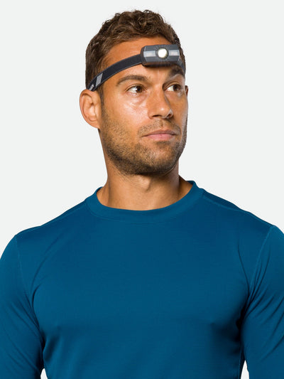 Nathan Neutron Fire RX 2.0 Runner's Headlamp – Charcoal – On Model – Headlamp Light On (Front View)