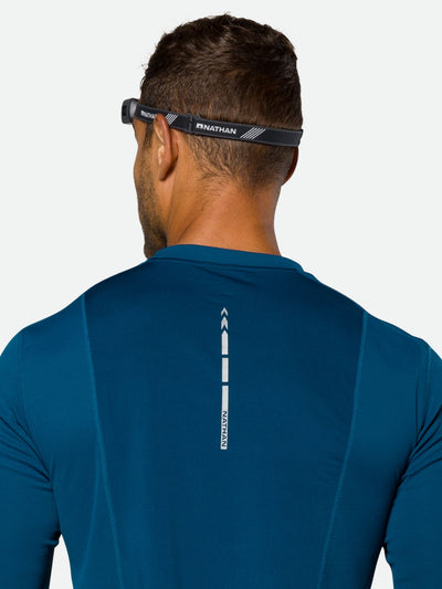 Nathan Neutron Fire RX 2.0 Runner's Headlamp – Charcoal – On Model – Headlamp Strap Back View