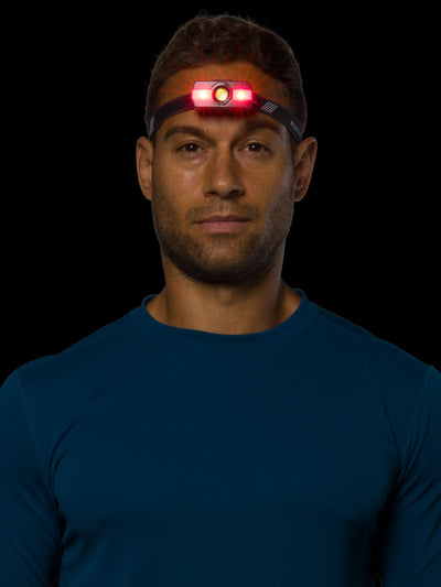 Nathan Neutron Fire RX 2.0 Runner's Headlamp – Charcoal – On Model – Headlamp Red Light On (Front View)
