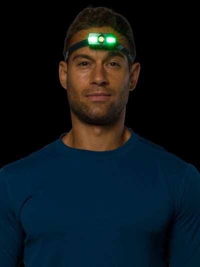 Nathan Neutron Fire RX 2.0 Runner's Headlamp – Charcoal – On Model – Headlamp Green Light On (Front View)