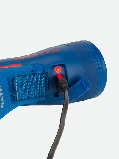 Nathan Polaris 400RX Runner’s Hand Torch – Deep Blue – Detail View – Open Port - USB Actively Charging Hand Torch