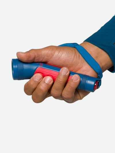 Nathan Polaris 400RX Runner’s Hand Torch – Deep Blue – On Model – Strap on Hand - Closed Palm