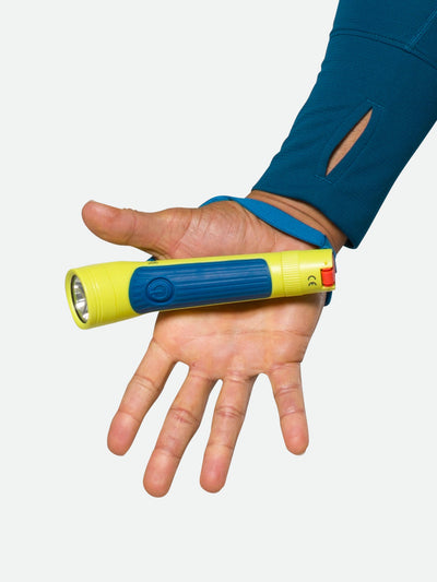Nathan Polaris 200R Runner’s Hand Torch – Safety Yellow/Blue – On Model – Strap on Hand - Open Palm