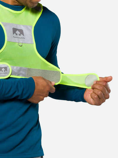 Nathan Streak Reflective Vest for Nighttime Visibility - Safety Yellow - On Model – Hook and Loop Closure Tabs For Better Fit