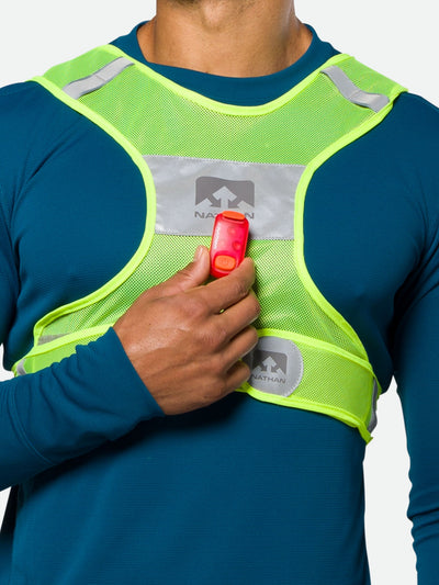 Nathan Streak Reflective Vest for Nighttime Visibility - Safety Yellow - On Model – Clipping Light Onto Vest