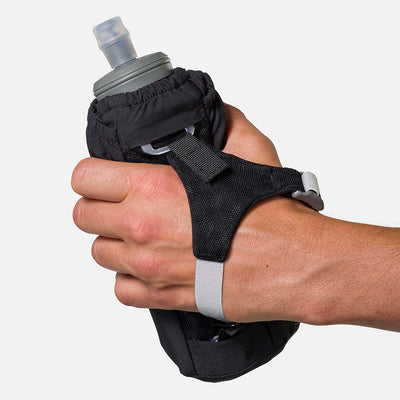 color:Black/Reflective Silver||seo:Nathan Pinnacle Soft 18oz Flask Insulated Handheld  - Black/Reflective Silver - Model Gripping Handheld Flask - Back View