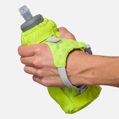 color:Finish Lime/Reflective Silver||seo:Nathan Pinnacle Soft 18oz Flask Insulated Handheld - Finish Lime/Reflective Silver - Model Gripping Handheld Flask - Back View
