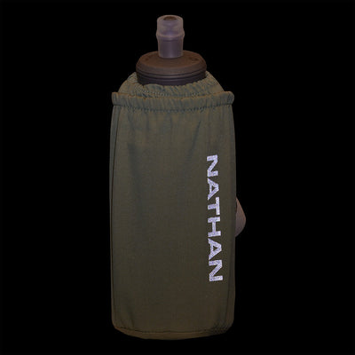 color:Sage Green/Reflective Silver||seo:Nathan Pinnacle Soft 18oz Flask Insulated Handheld - Sage Green/Reflective Silver - Detail View of Reflective Highlights on Handheld