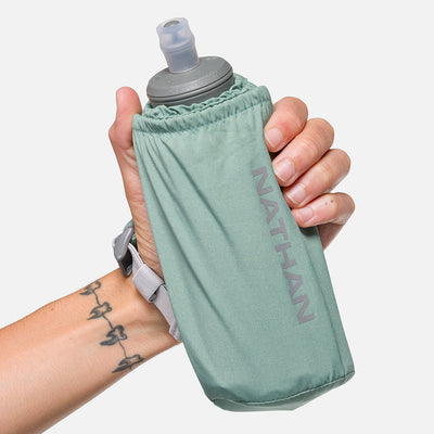 color:Sage Green/Reflective Silver||seo:Nathan Pinnacle Soft 18oz Flask Insulated Handheld - Sage Green/Reflective Silver - Model Gripping Handheld Flask - Front View
