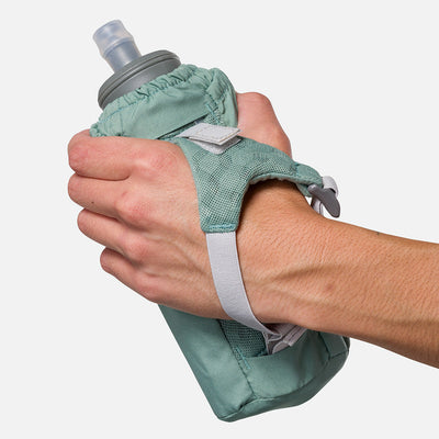 color:Sage Green/Reflective Silver||seo:Nathan Pinnacle Soft 18oz Flask Insulated Handheld - Sage Green/Reflective Silver - Model Gripping Handheld Flask - Back View