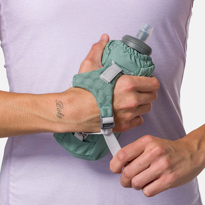 color:Sage Green/Reflective Silver||seo:Nathan Pinnacle Soft 18oz Flask Insulated Handheld - Sage Green/Reflective Silver - Model Tightening Strap for Better Fit