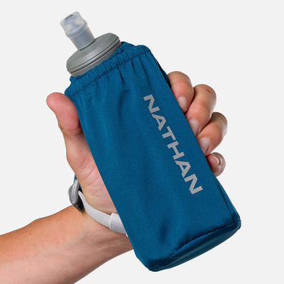 color:Sailor Blue/Reflective Silver||seo:Nathan Pinnacle Soft 18oz Flask Insulated Handheld - Sailor Blue/Reflective Silver - Model Gripping Handheld Flask - Front View