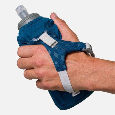 color:Sailor Blue/Reflective Silver||seo:Nathan Pinnacle Soft 18oz Flask Insulated Handheld - Sailor Blue/Reflective Silver - Model Gripping Handheld Flask - Back View