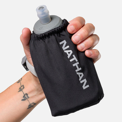 color:Black/Reflective Silver||seo:Nathan Pinnacle Soft 18oz Flask Handheld  - Black/Reflective Silver - Model Gripping Handheld Flask - Front View