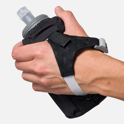 color:Black/Reflective Silver||seo:Nathan Pinnacle Soft 18oz Flask Handheld  - Black/Reflective Silver - Model Gripping Handheld Flask - Back View