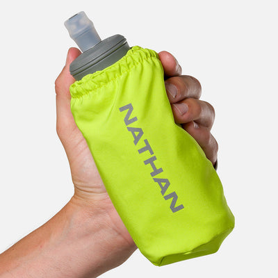 color:Finish Lime/Reflective Silver||seo:Nathan Pinnacle Soft 18oz Flask Handheld  - Finish Lime/Reflective Silver - Model Gripping Handheld Flask - Front View