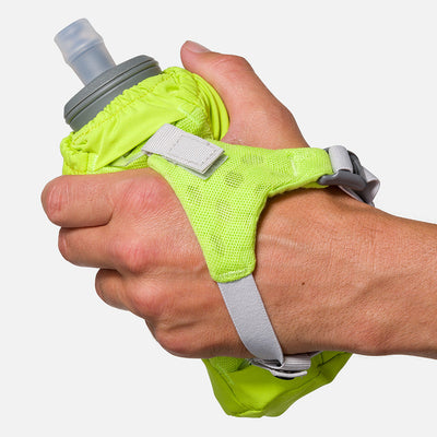 color:Finish Lime/Reflective Silver||seo:Nathan Pinnacle Soft 18oz Flask Handheld  - Finish Lime/Reflective Silver - Model Gripping Handheld Flask - Back View