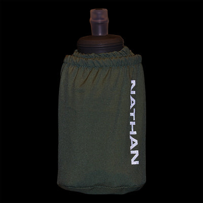 color:Sage Green/Reflective Silver||seo:Nathan Pinnacle Soft 18oz Flask Handheld  - Sage Green/Reflective Silver - Detail View of Reflective Highlights on Handheld