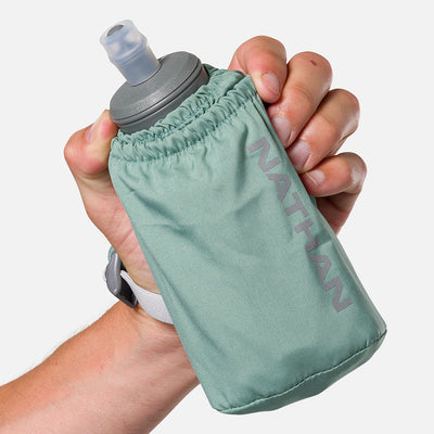 color:Sage Green/Reflective Silver||seo:Nathan Pinnacle Soft 18oz Flask Handheld  - Sage Green/Reflective Silver - Model Gripping Handheld Flask - Front View