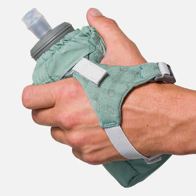 color:Sage Green/Reflective Silver||seo:Nathan Pinnacle Soft 18oz Flask Handheld  - Sage Green/Reflective Silver - Model Gripping Handheld Flask - Back View