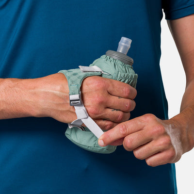 color:Sage Green/Reflective Silver||seo:Nathan Pinnacle Soft 18oz Flask Handheld  - Sage Green/Reflective Silver - Model Tightening Strap for Better Fit