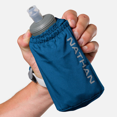 color:Sailor Blue/Reflective Silver||seo:Nathan Pinnacle Soft 18oz Flask Handheld  - Sailor Blue/Reflective Silver - Model Gripping Handheld Flask - Front View