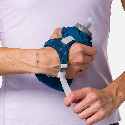 color:Sailor Blue/Reflective Silver||seo:Nathan Pinnacle Soft 18oz Flask Handheld  - Sailor Blue/Reflective Silver - Model Tightening Strap for Better Fit