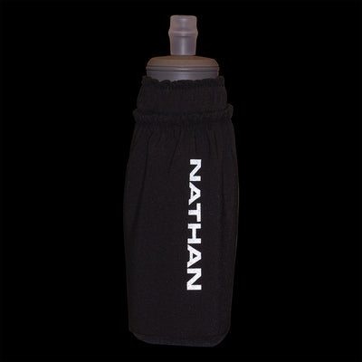 color:Black/Reflective Silver||seo:Nathan Pinnacle Soft 14oz Flask Handheld - Black/Reflective Silver - Detail View of Reflective Highlights on Handheld