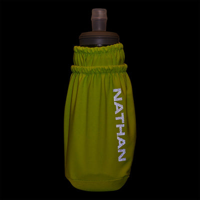color:Finish Lime/Reflective Silver||seo:Nathan Pinnacle Soft 14oz Flask Handheld - Finish Lime/Reflective Silver - Detail View of Reflective Highlights on Handheld
